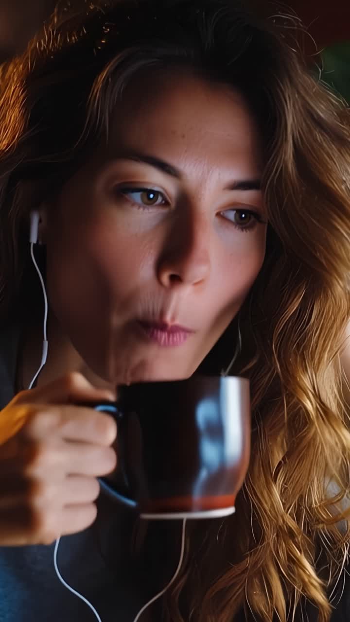 Momentos cautivadores: Una joven sumida en sus pensamientos mientras disfruta de una bebida caliente, rodeada de un ambiente acogedor, con auriculares puestos, abrazando la serenidad.