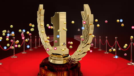 animation numbers 1 on trophy, emojis, stanchions on red carpet and lights flashing in background