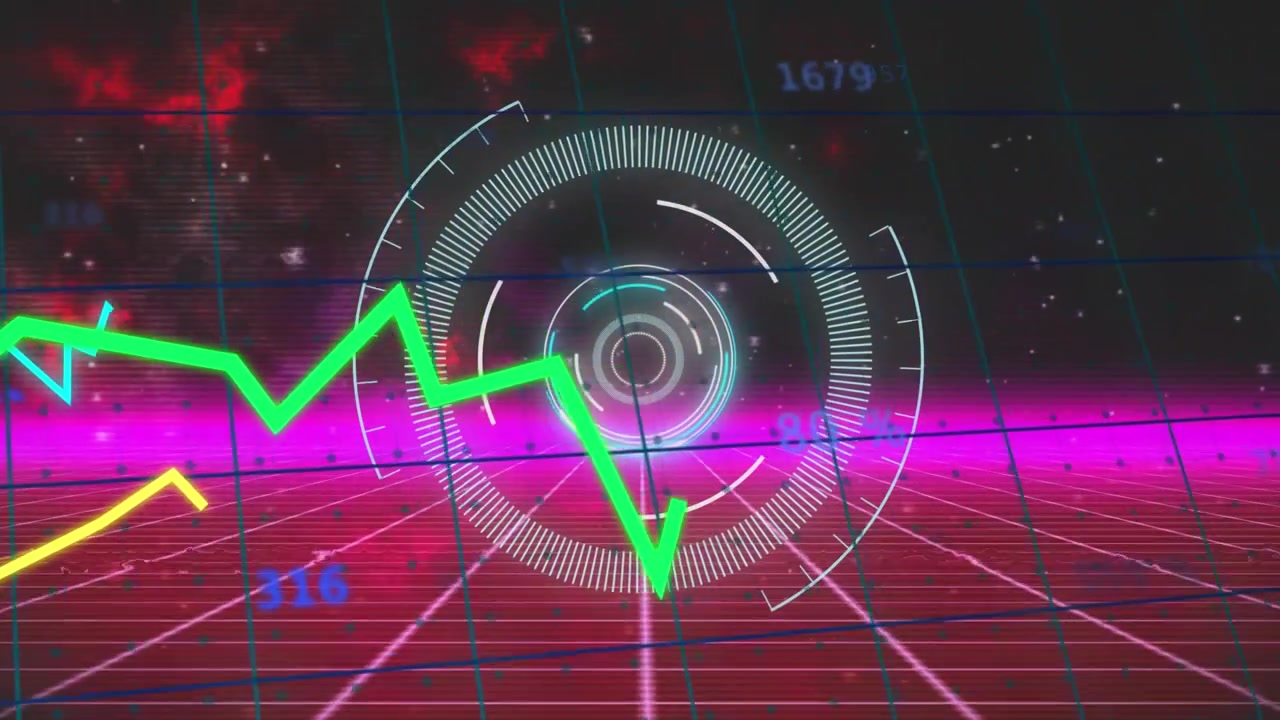 Animation of round scanner and data processing over pink grid network against space