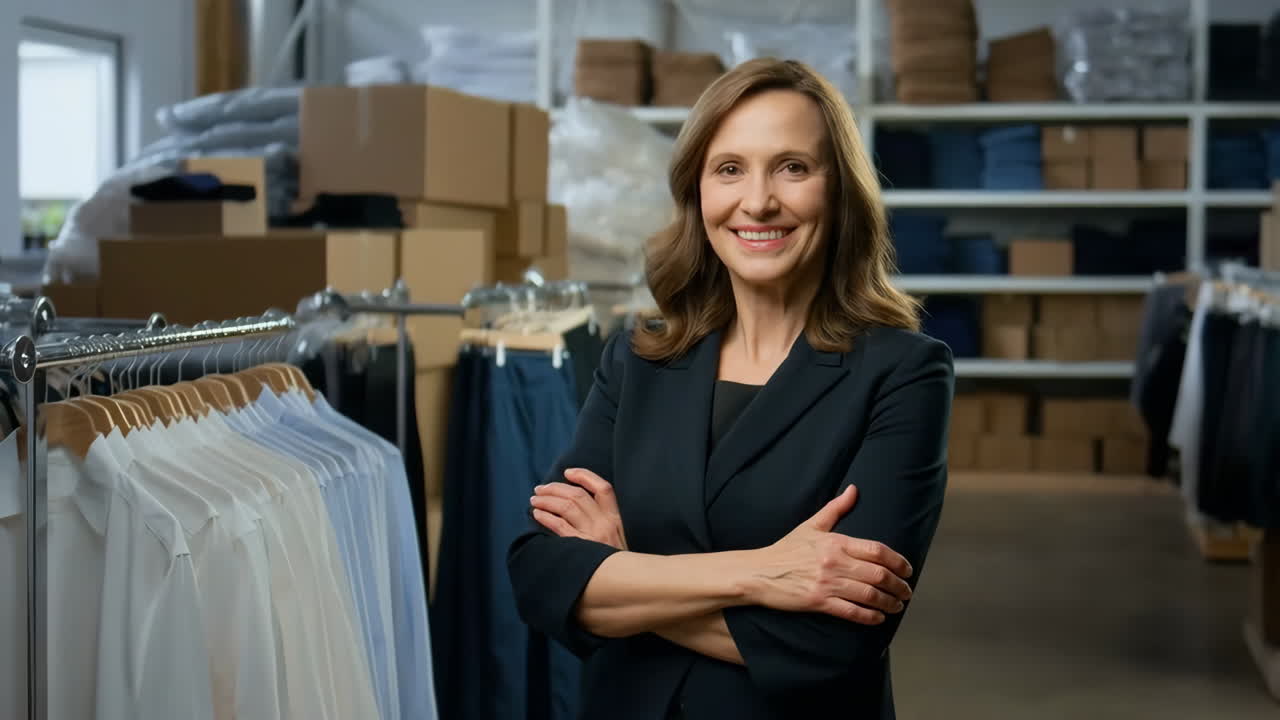 Smiling Businesswoman in a Clothing Warehouse