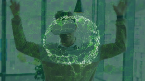 Animation of human brain and medical data processing over businessman wearing vr headset