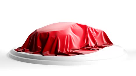 coche cubierto con tela de seda roja en un podio blanco. animación en bucle 3d.
