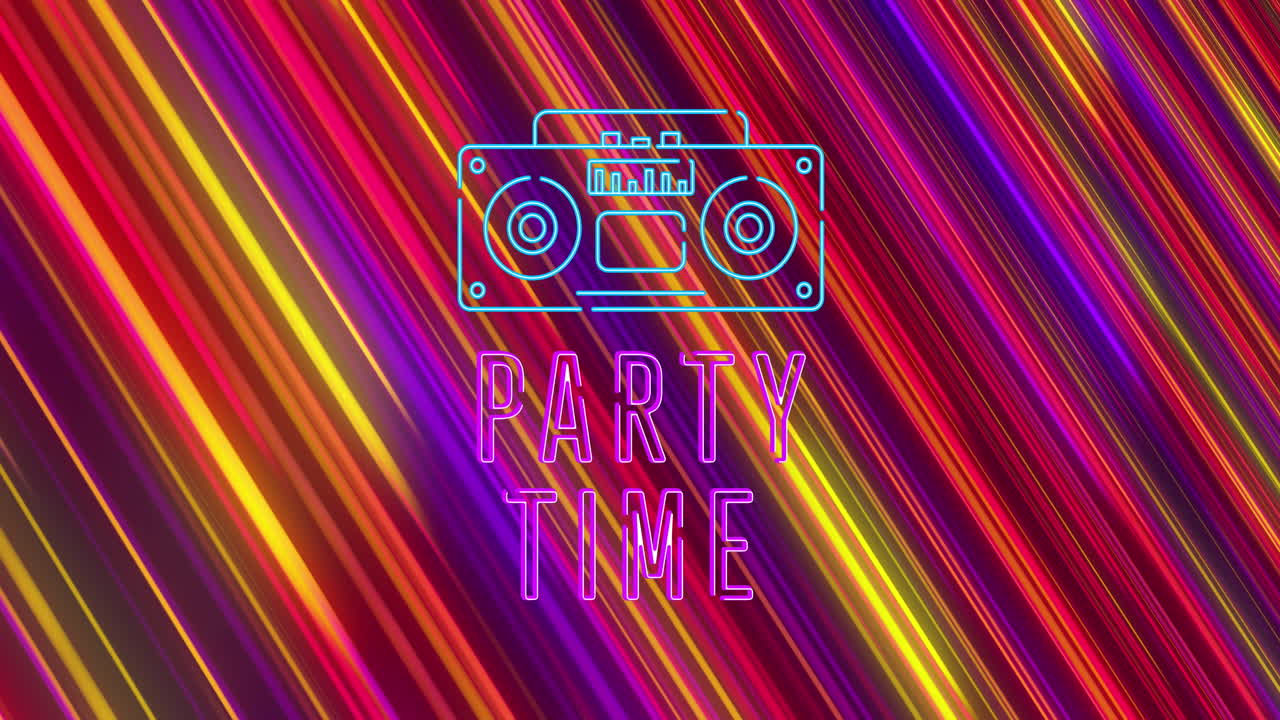 검은색 배경에 다채로운 트레일 위에 파티 시간 텍스트의 애니메이션