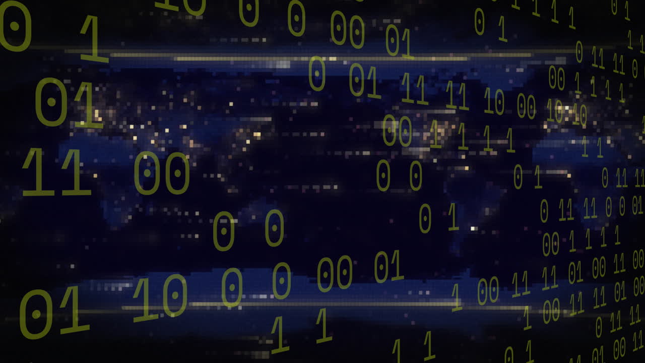 Animation of data processing over world map on black background