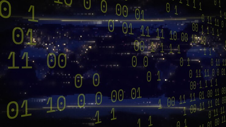Animation of data processing over world map on black background