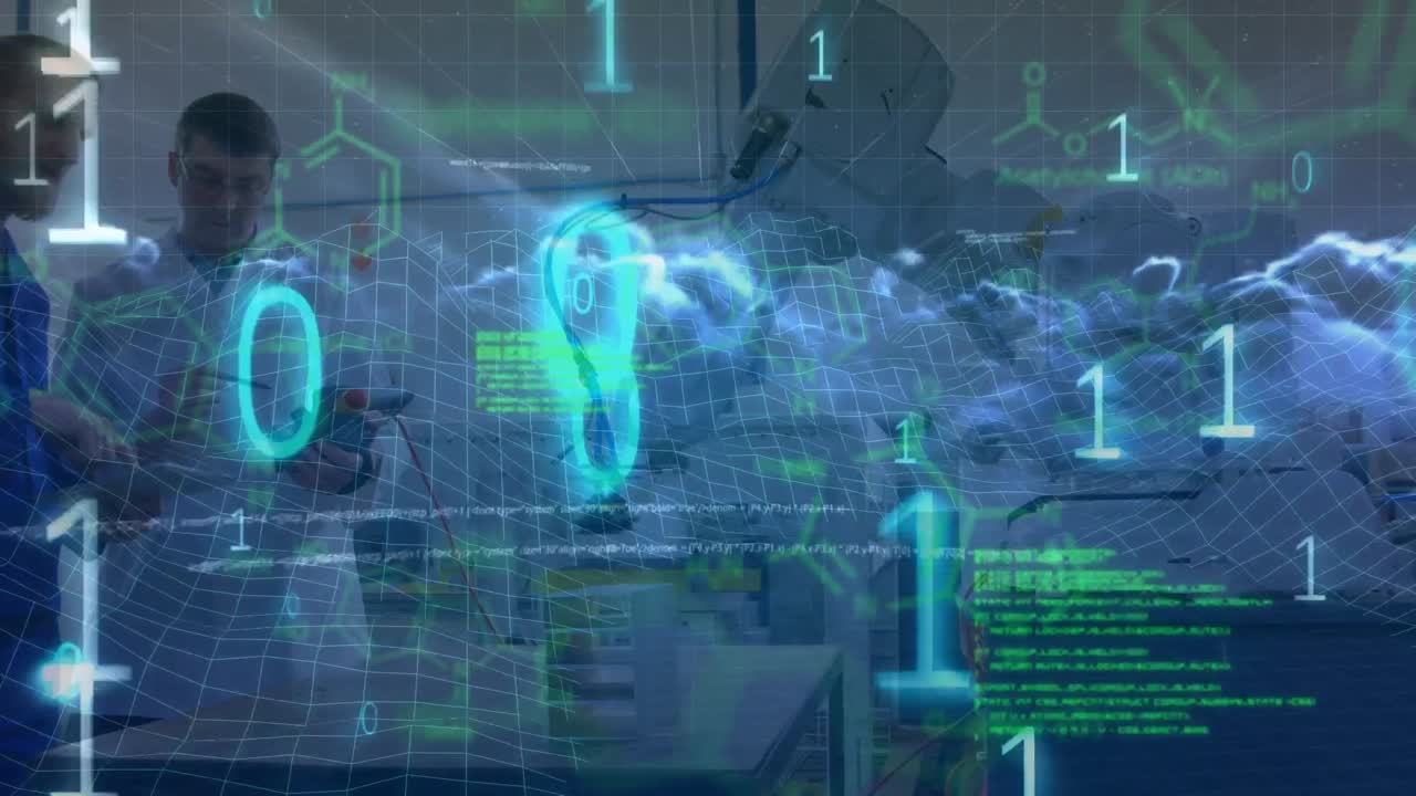 두 명의 백인 남성 과학자에 대한 데이터 처리 애니메이션