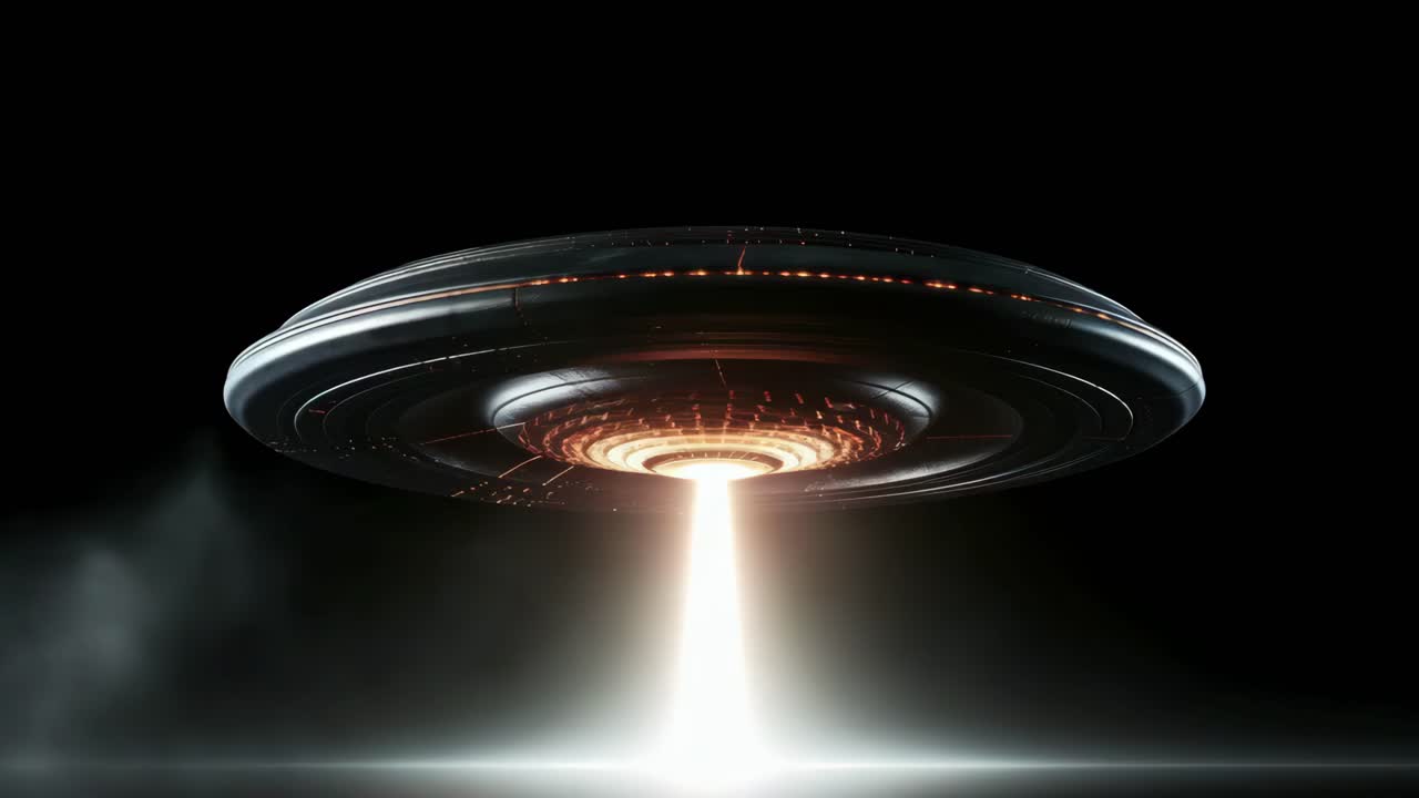 A futuristic UFO emits a beam of light, captured from a low angle
