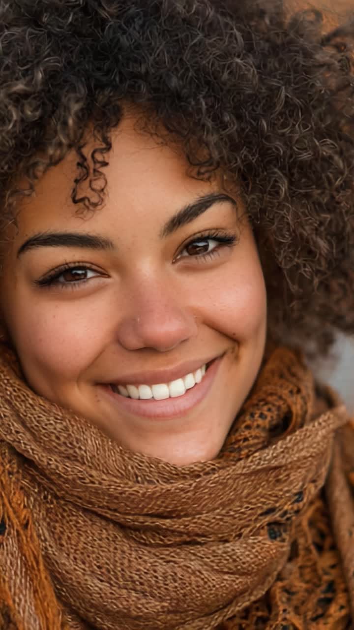 A Warm and Inviting Smile: Capturing the Joyful Essence of a Young Woman with Beautiful Curly Hair, Wrapped in Cozy Textures Against a Soft Background