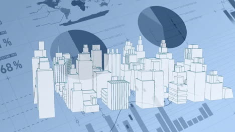 animation of financial data processing over cityscape