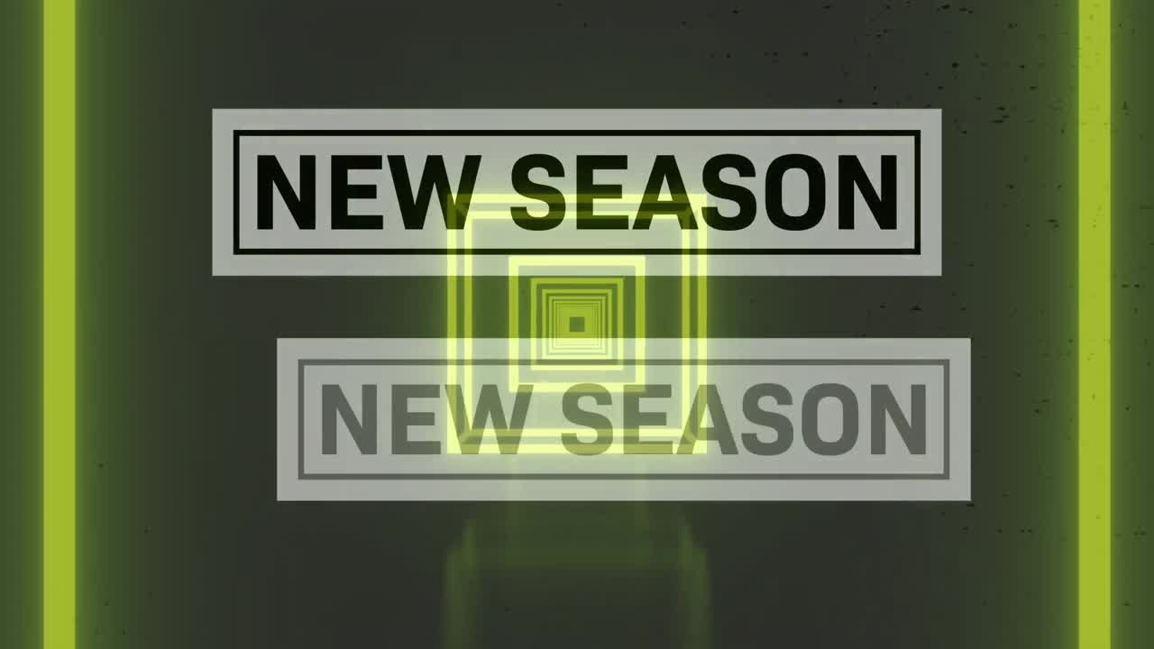 Animation of new season text over yellow geometrical shapes on dark background