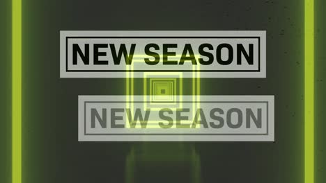 animation of new season text over yellow geometrical shapes on dark background