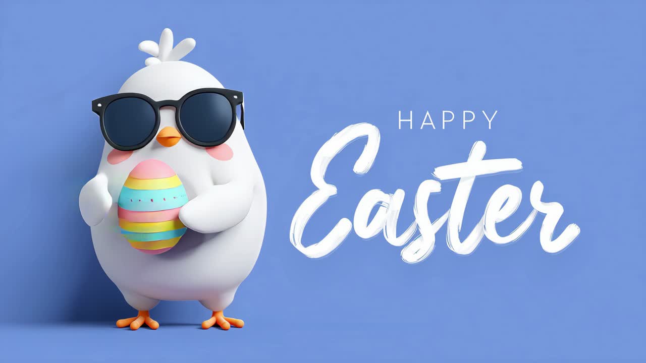Gallina dei cartoni animati con uovo di Pasqua e occhiali da sole