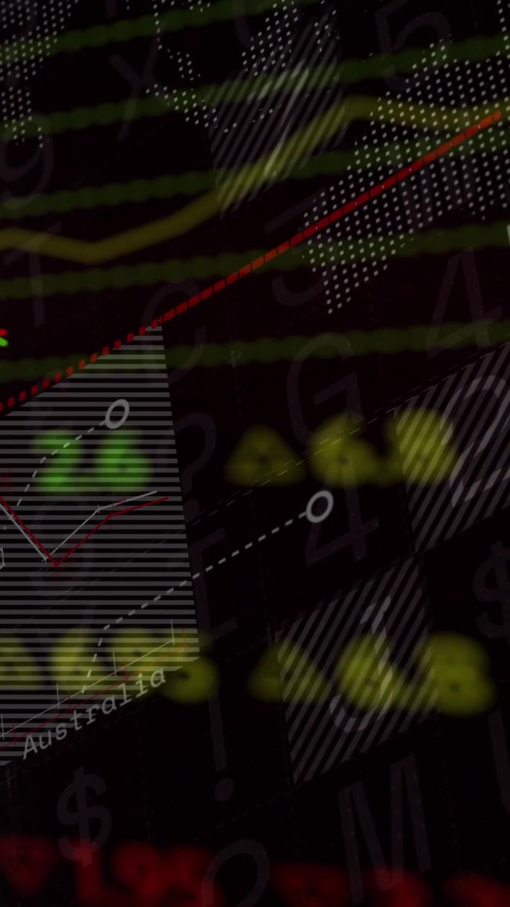 Começando com um mapa-múndi pontilhado, sobreposição de mercado mudando e atualizando em um display escuro mostrando cotações
