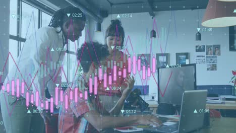 Animation-of-statistical-data-processing-against-diverse-colleagues-discussing-together-at-office