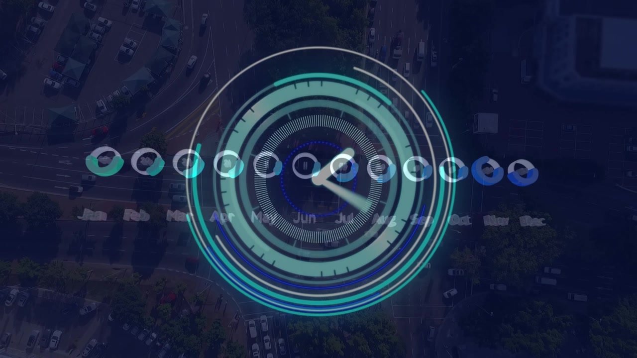 Animazione di orologio in movimento ed elaborazione dati su paesaggio urbano