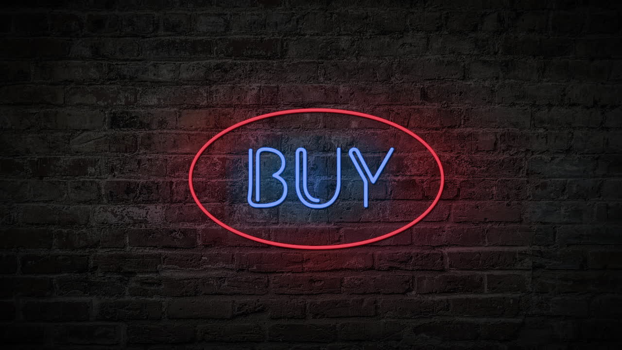 Flashing red and blue BUY sign on and off with flicker on a brick wall