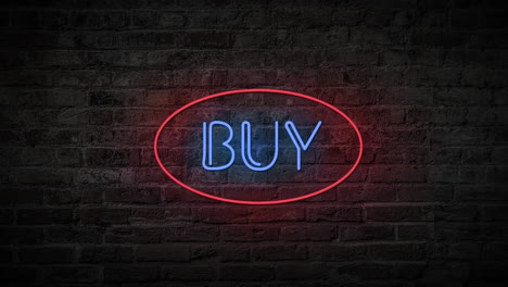 flashing red and blue buy sign on and off with flicker on a brick wall