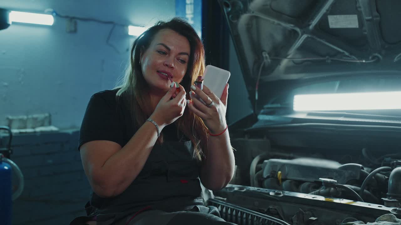 Woman Applying Makeup in a Garage