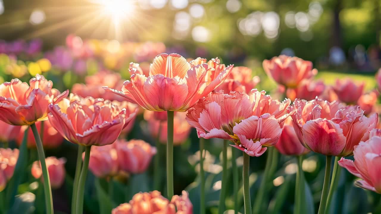 A vibrant close-up video of blooming pink tulips in a garden, captured from a low angle