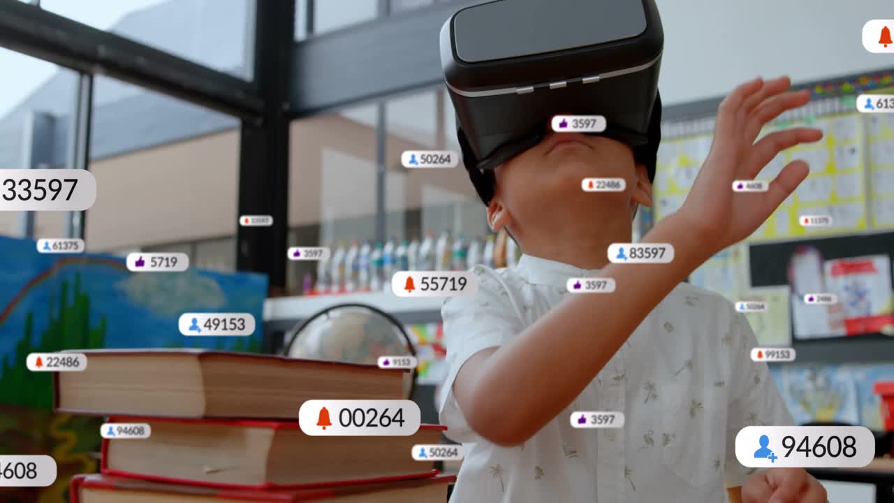 Boy putting on VR headset at desk with globe, exploring learning overlays with numeric icons