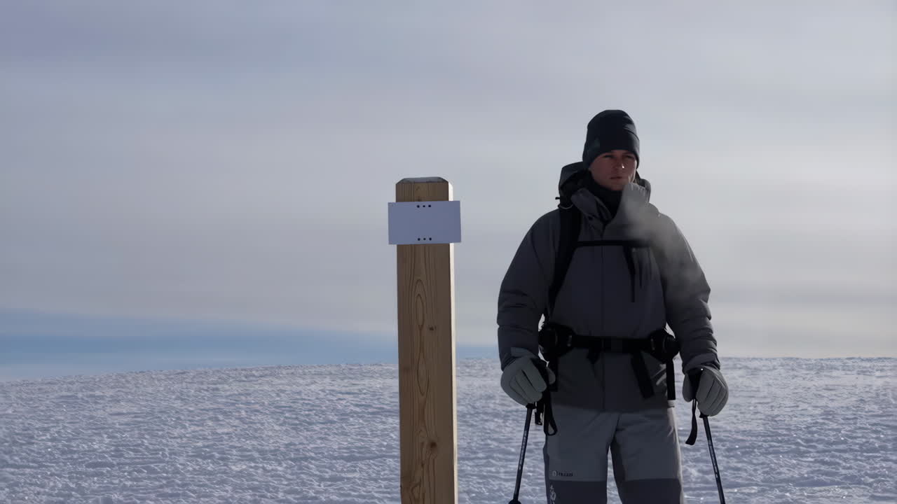 Hiker standing in a vast, snowy winter landscape with visible breath