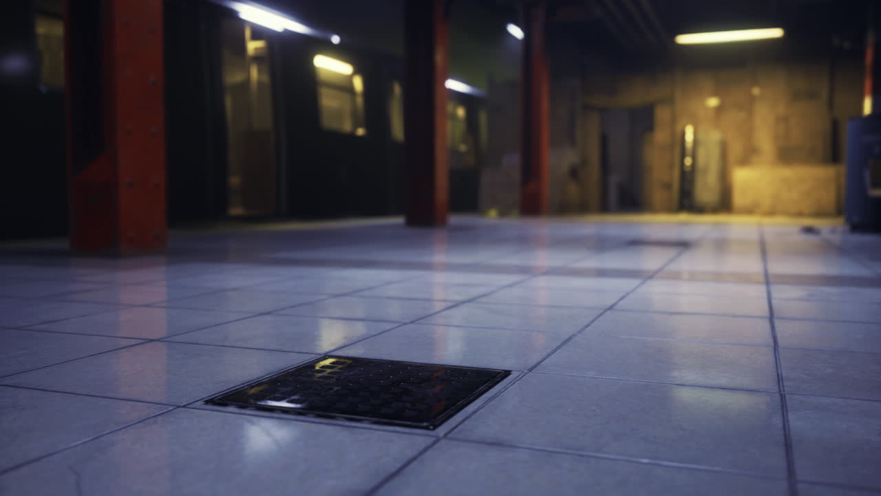 View of a dimly lit underground station floor with tiles and drain cover