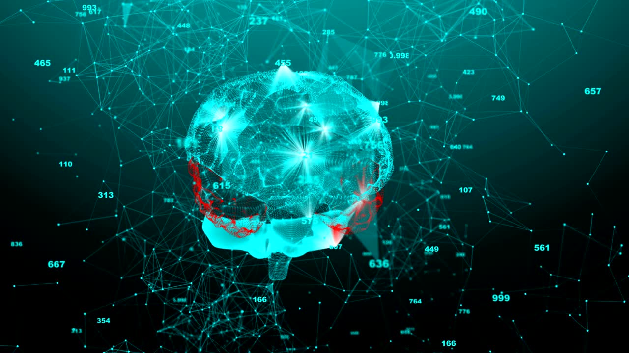 The human brain. Plexus with numbers. Beautiful background. The concept of science, medicine and business. Loop animation