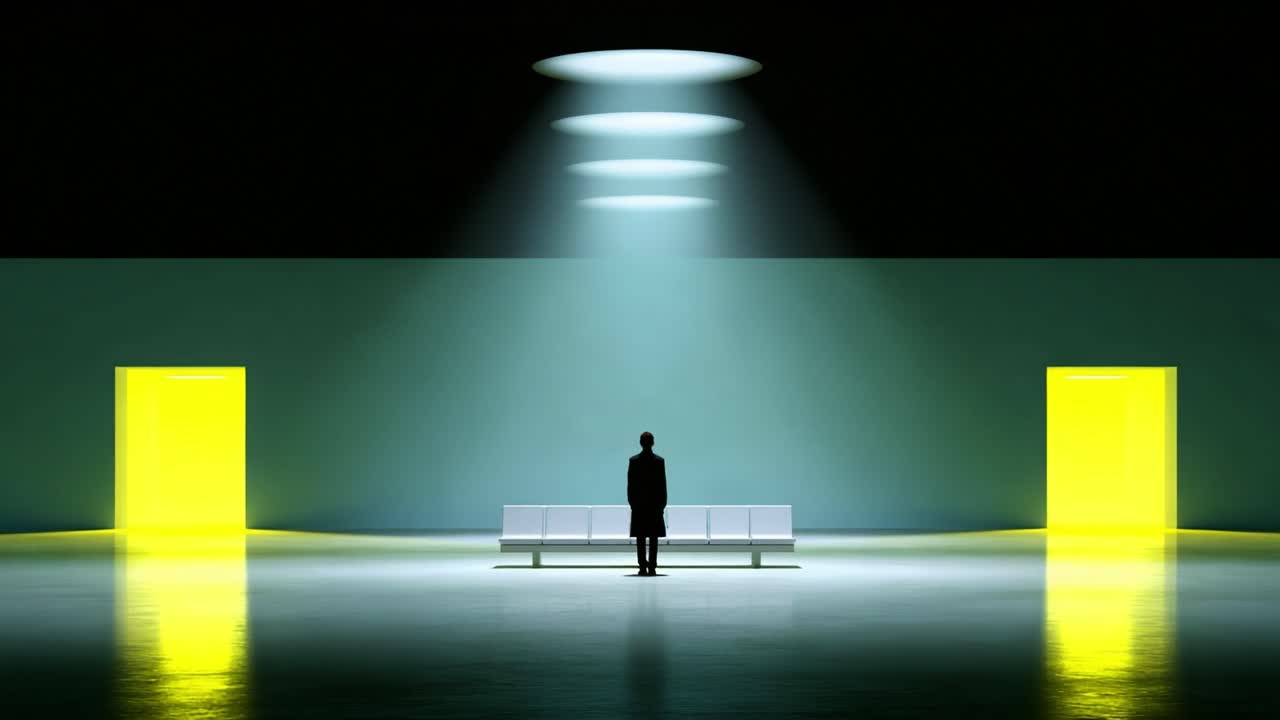 Un individuo che contempla le proprie scelte in uno spazio astratto illuminato da faretti, incorniciato da pareti e porte di colori distintivi, a simboleggiare il processo decisionale e le sue conseguenze
