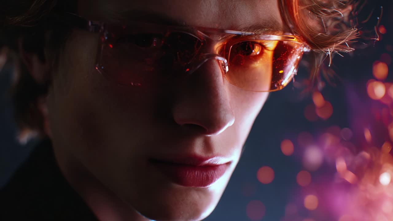 A striking visual portrayal of a young individual wearing reflective orange-tinted glasses, showcasing an intense expression amidst a dynamic background filled with shimmering light and colorful sparks, evoking a sense of mystery and allure
