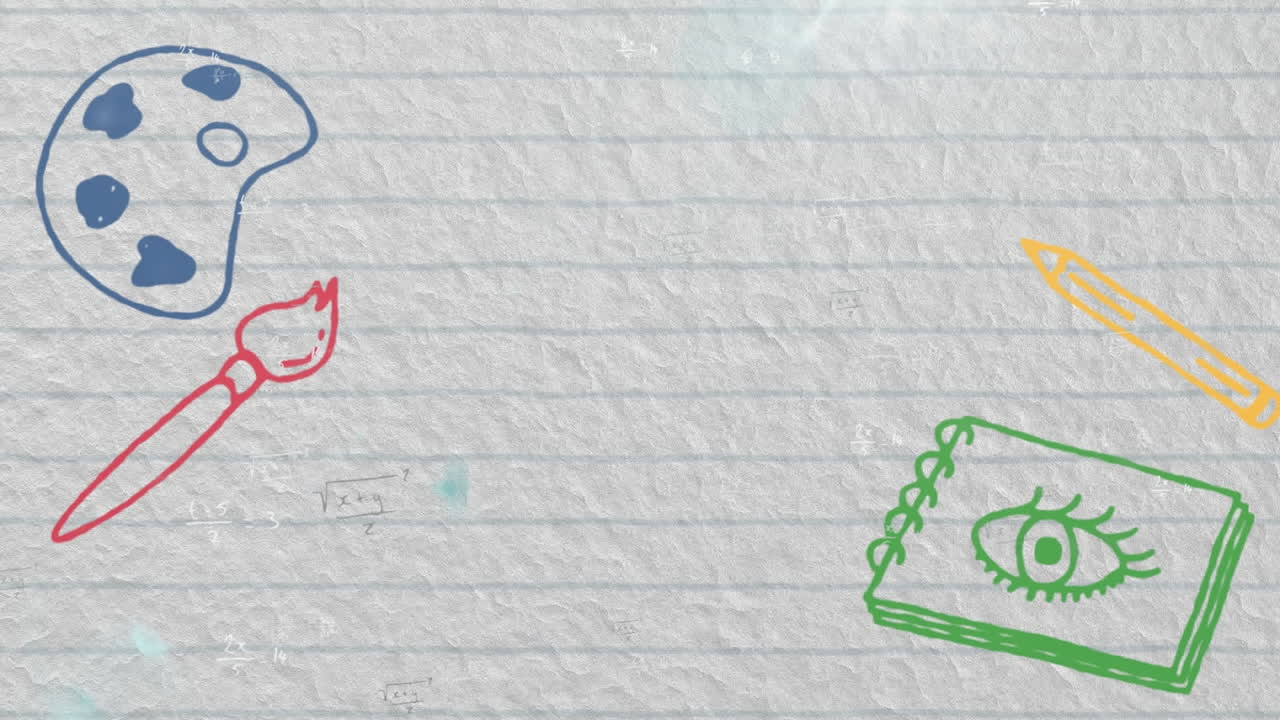 Digital animation of school concept icons against mathematical equations on white lined paper