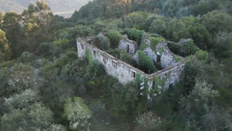 Aerial-orbit-of-Monasterio-santa-comba-de-naves,-Ourense,-Galicia,-Spain