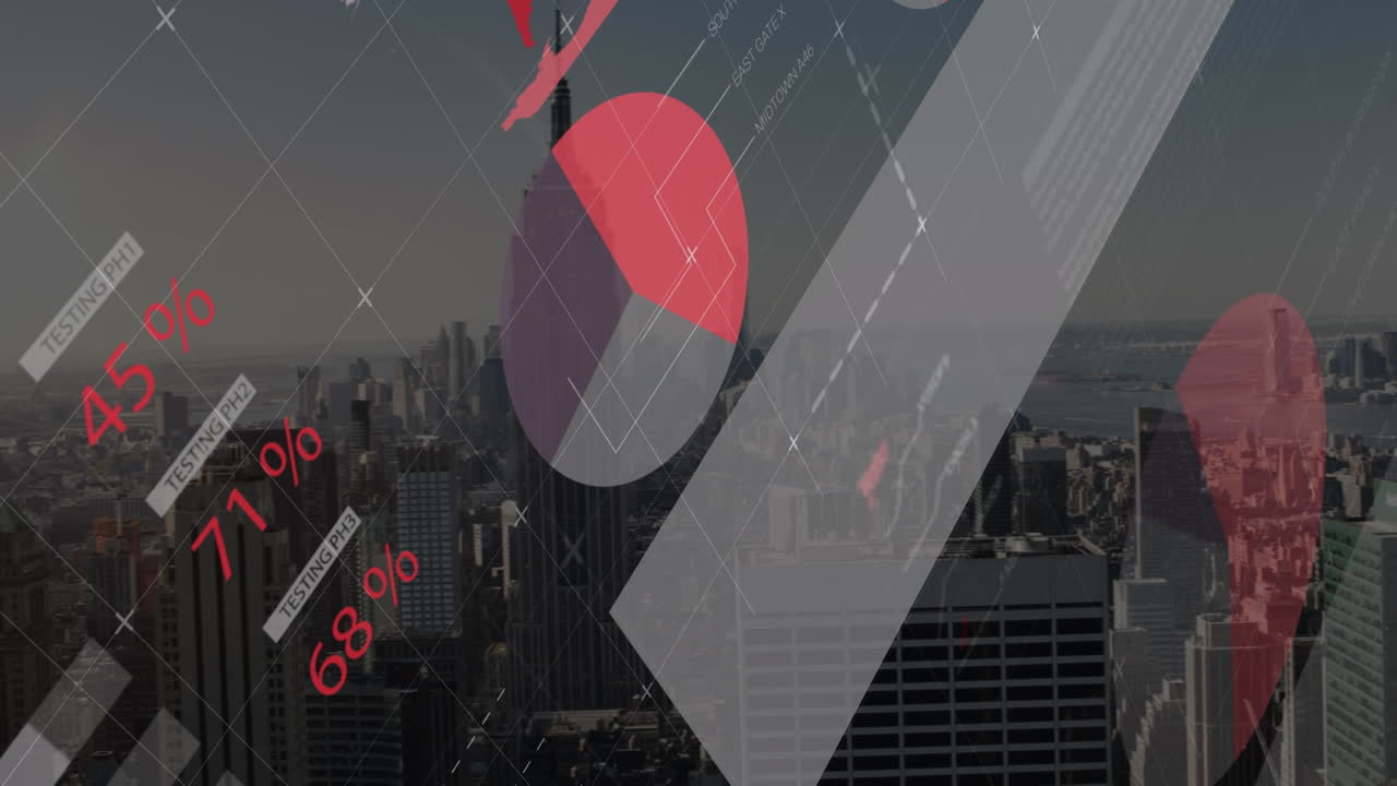 Animation of financial data over cityscape