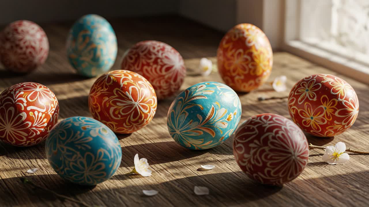 A Beautiful Display of Intricately Designed Easter Eggs in Soft Natural Light, Capturing the Essence of Springtime Celebrations and Festive Traditions