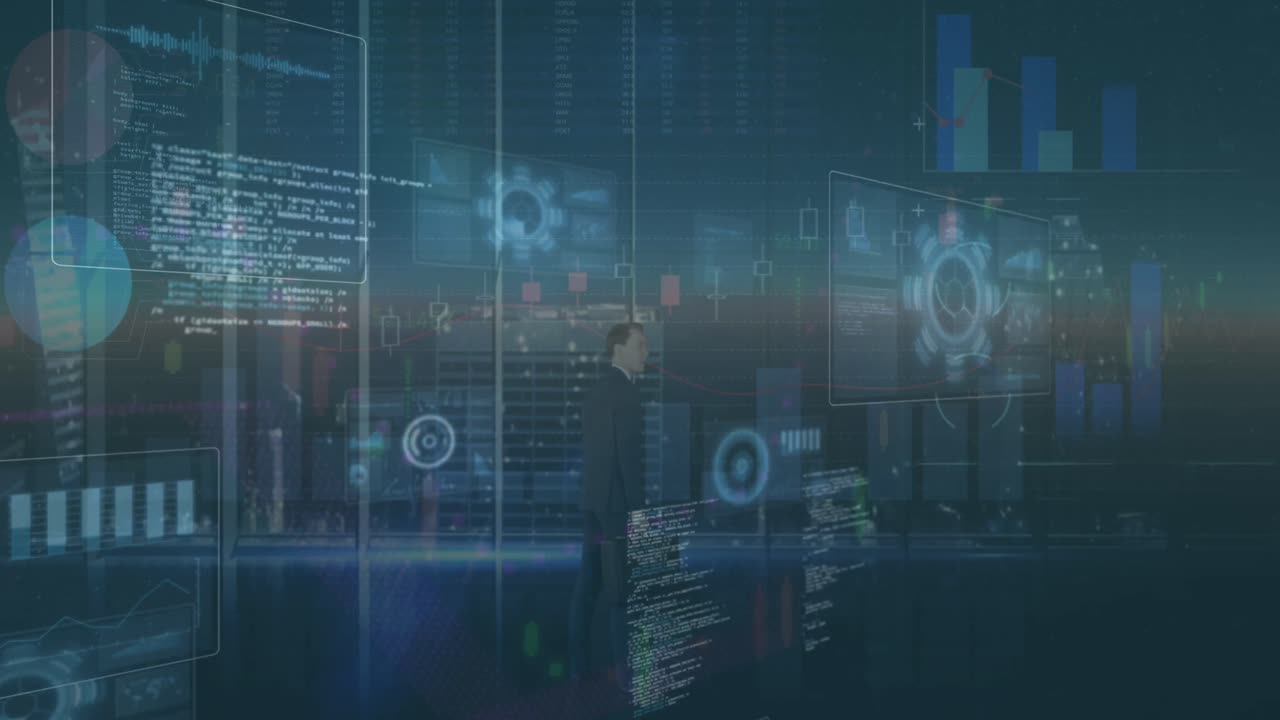 animación de diversos procesamientos de datos en la pantalla y empresario caucásico durante la puesta del sol