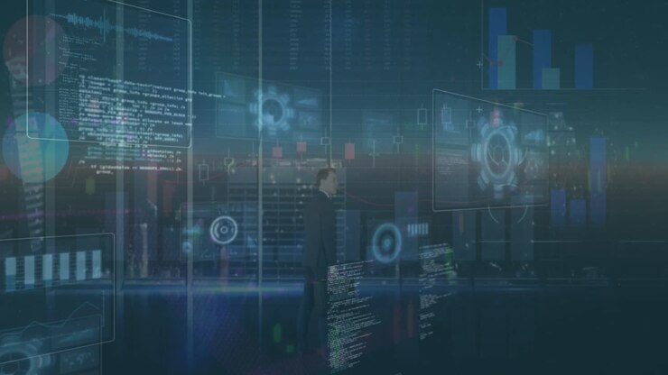 Animation of diverse data processing on screen and caucasian businessman over sunset