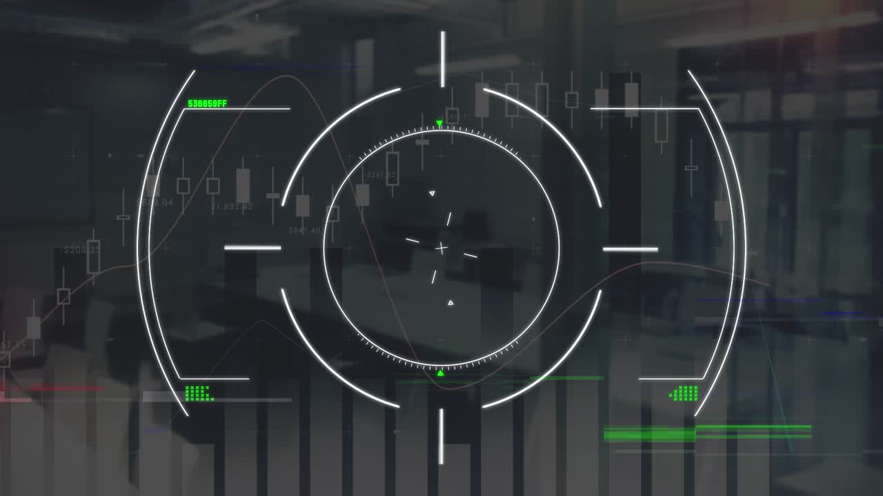 Animation of scope scanning over dots pattern against statistical data processing on grey background