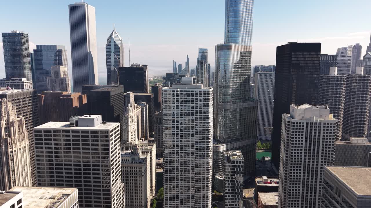Chicago Downtown Skyline, Drone Shot of Central Buildings, Skyscrapers and Towers on Sunny Day
