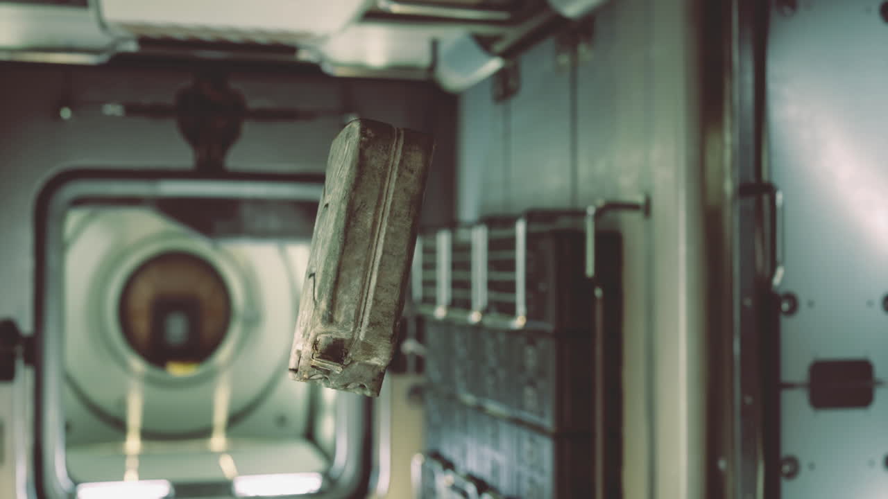 Canister floats inside the international space station during a mission
