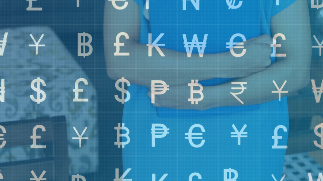 Woman nurse lowering arms showing face while camera panning money grid overlay showing health costs