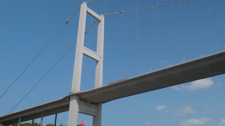 Temmuz Sehitler Hängebrücke am Bosporus in Istanbul, aus der Froschperspektive aufgenommen.