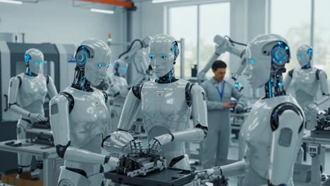 a futuristic assembly line featuring advanced robotics, showcasing human-robot collaboration in a cutting-edge manufacturing environment focused on innovation and efficiency
