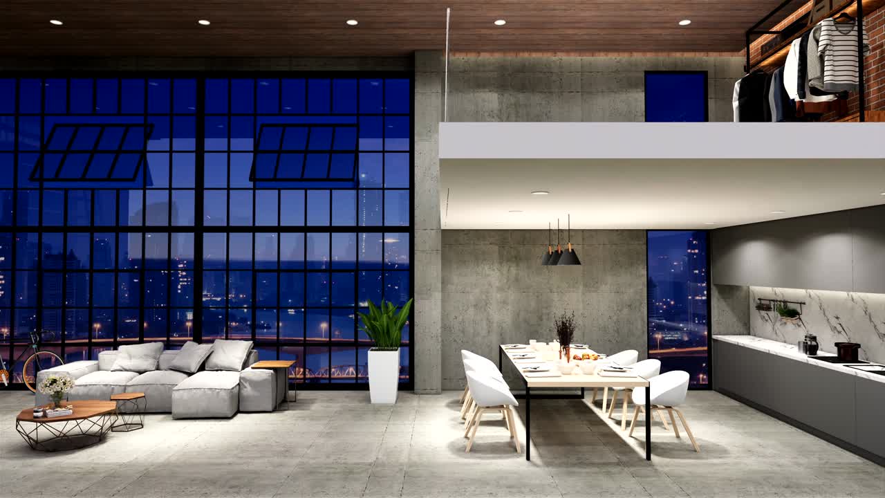 Interior Empty Modern Loft Office open space modern office footage.Modern open concept Lobby and reception area meeting room design. 3D Rendering .