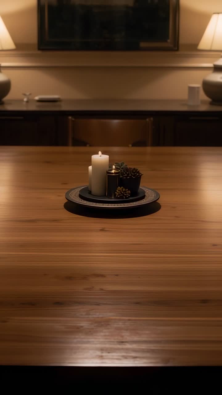 La telecamera si allontana mostrando un centrotavola con candela a colonna su un tavolo da pranzo in legno per rivelare la stanza.