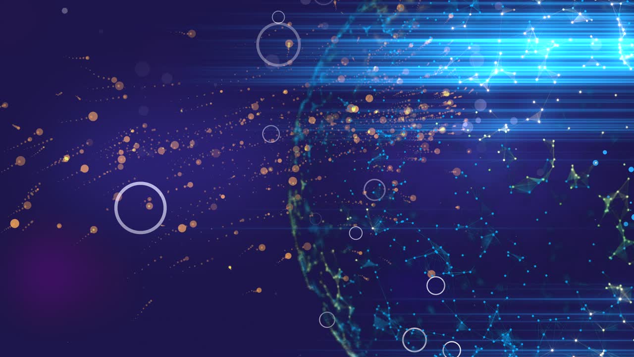 황금으로 반이는 입자의 끝없는 흐름은 어두운 우주 배경 위에 플렉서스 표면을 가진 큰 투명한 행성으로.