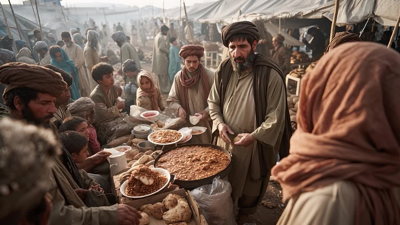 Yemek satıcıları ve yemeklerinin tadını çıkaran ailelerle dolu hareketli pazar sahnesi.