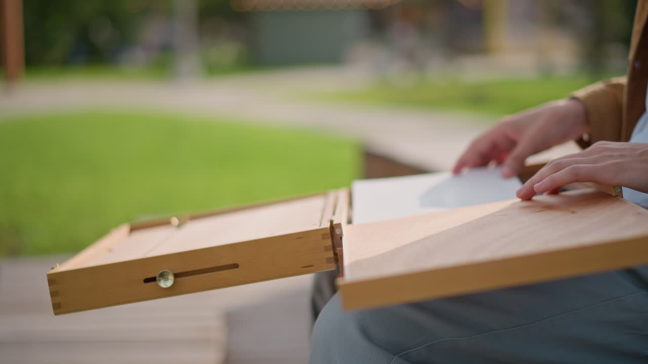 artista all'aperto apre una scatola di legno su una panchina del parco, tira fuori carta e una custodia portatile, prepara matita e acquerello per un bozzetto urbano: l'illustratore sistema i fogli, il pittore controlla il riferimento sul telefono, le mani