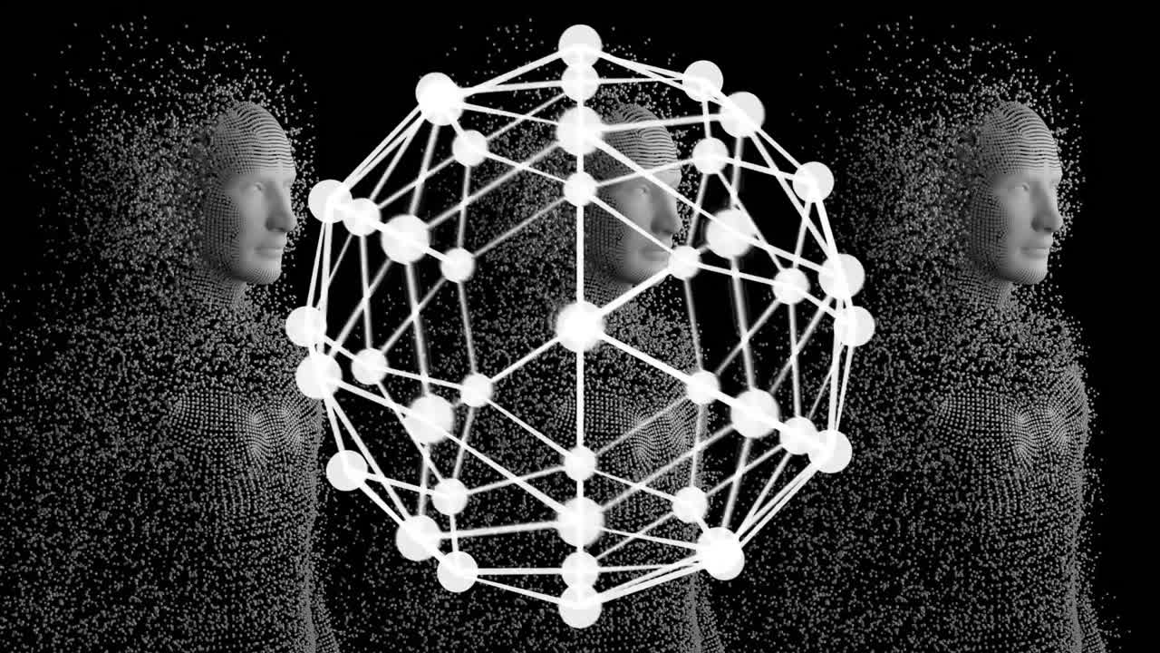 검은 디지털 배경에 인간 모델을 통해 다양한 데이터 처리의 애니메이션