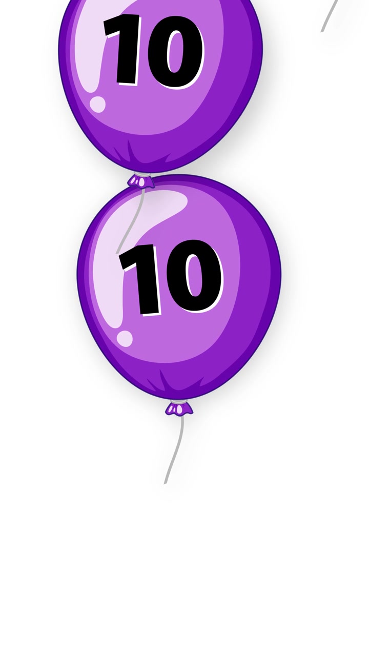 Palloncini viola animati con il numero dieci cadono verticalmente su uno sfondo bianco semplice.
