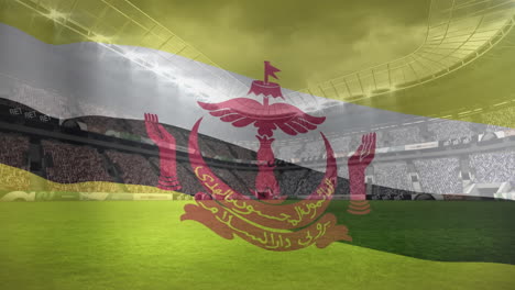 animation of waving brunei flag against view of a sports stadium