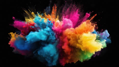 vibrant explosion of colorful paint plumes in mid-air, captured in a dynamic close-up angle